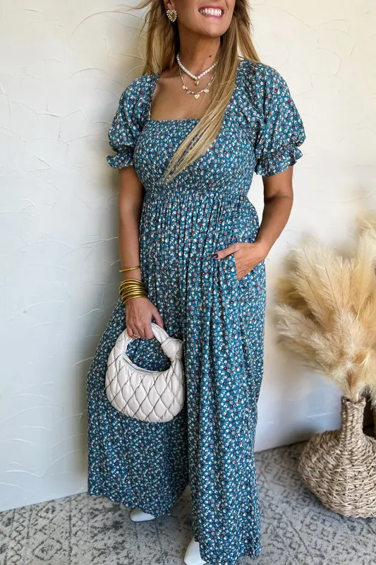 Blue Vintage Boho Floral Smocked Short Puff Sleeve Wide Leg Jumpsuit sold by eAura