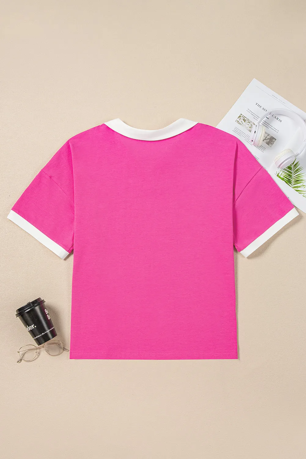 Pink Contrast Trim Collared Split Neck Short Sleeve Plus Size Top sold by eAura product image thumbnail 5