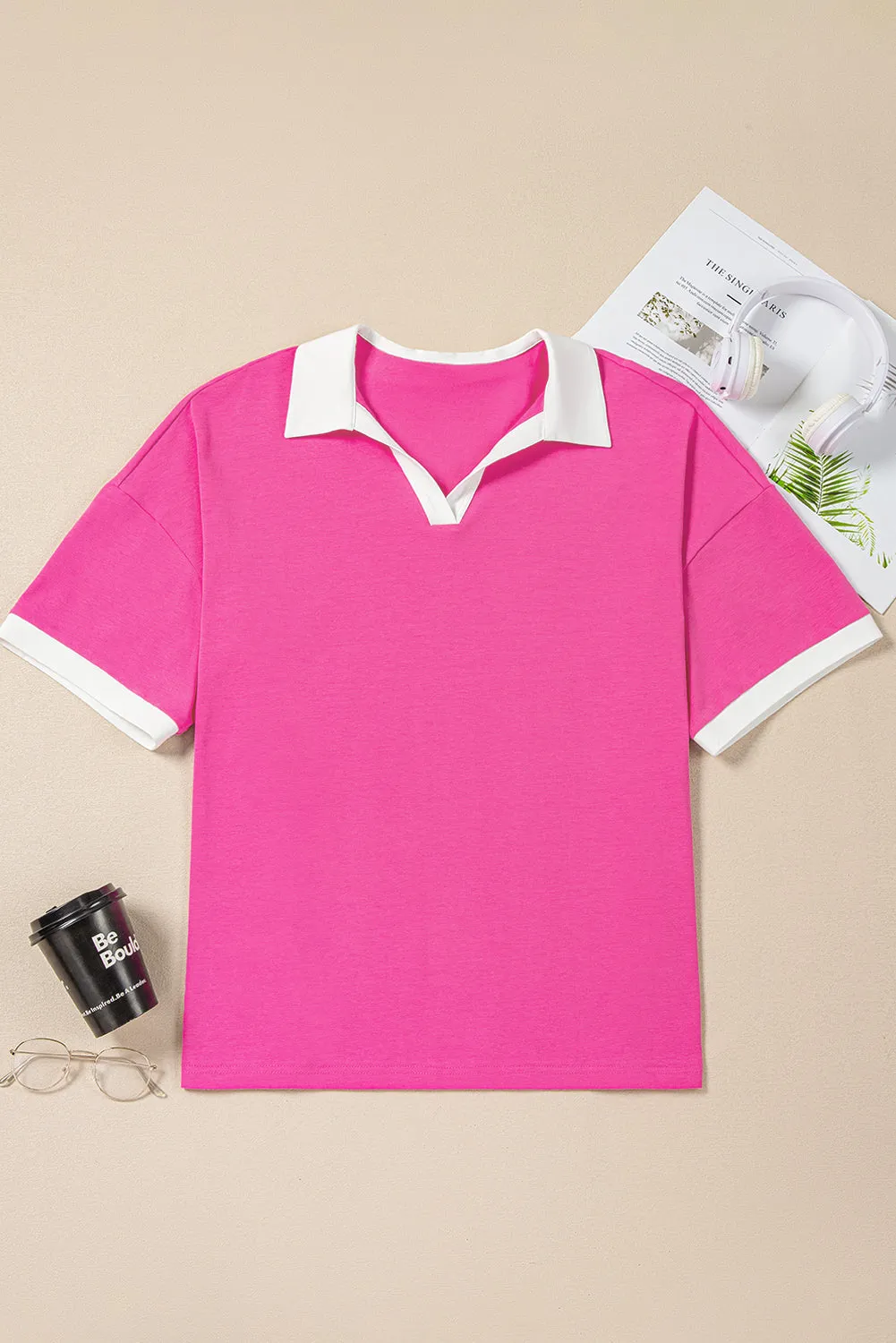 Pink Contrast Trim Collared Split Neck Short Sleeve Plus Size Top sold by eAura product image thumbnail 4