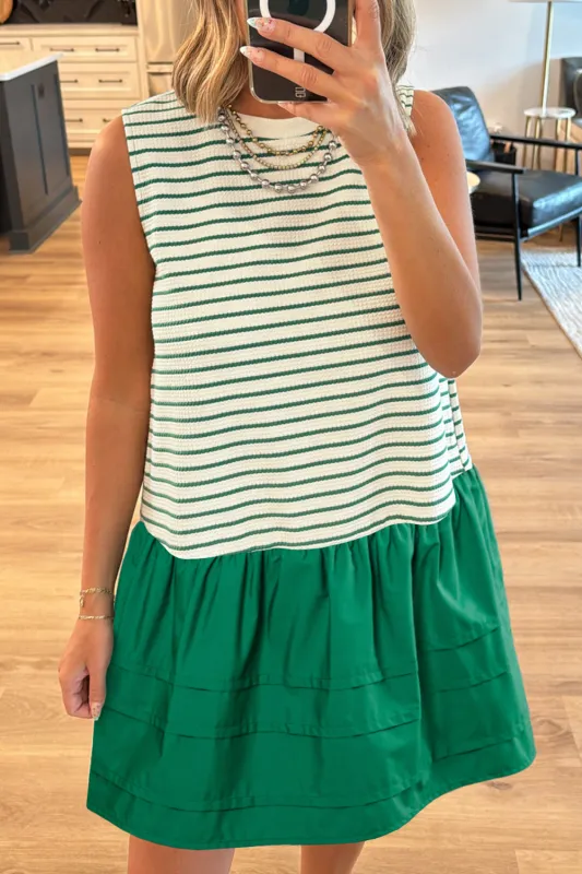 Green Stripe Woven Ruffled Sleeveless Mini Dress sold by eAura