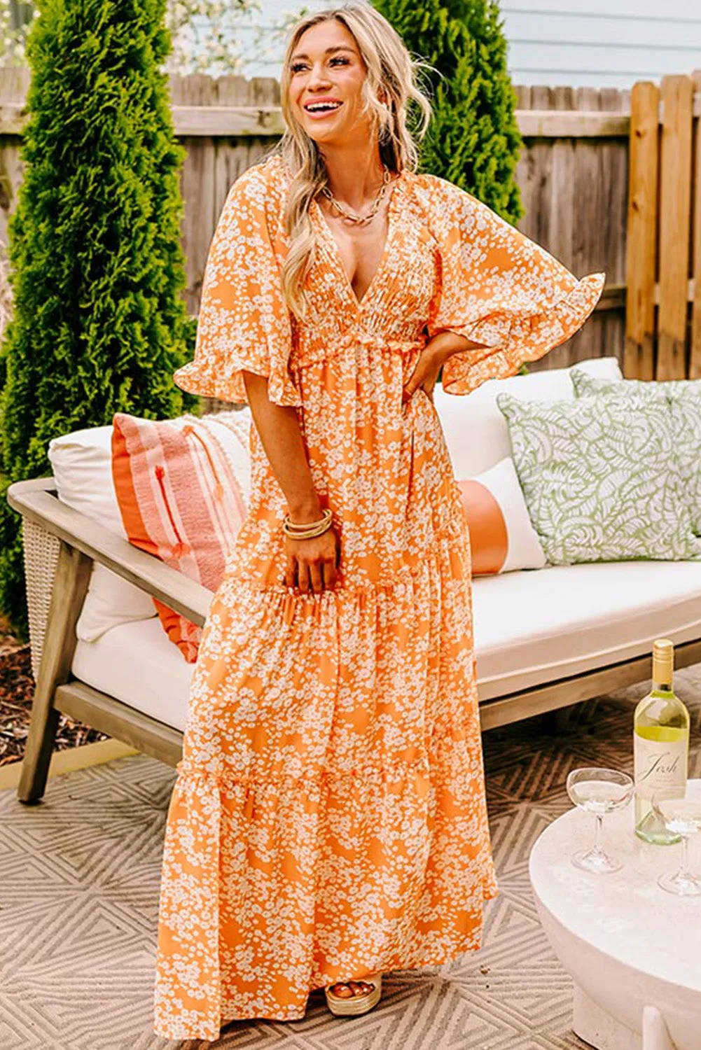 Orange Floral Print Smocked V Neck Wide Sleeve Maxi Dress sold by eAura product image thumbnail 4
