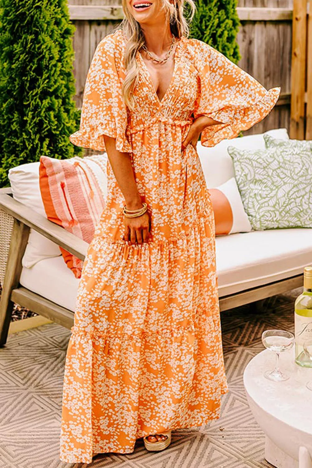 Orange Floral Print Smocked V Neck Wide Sleeve Maxi Dress sold by eAura