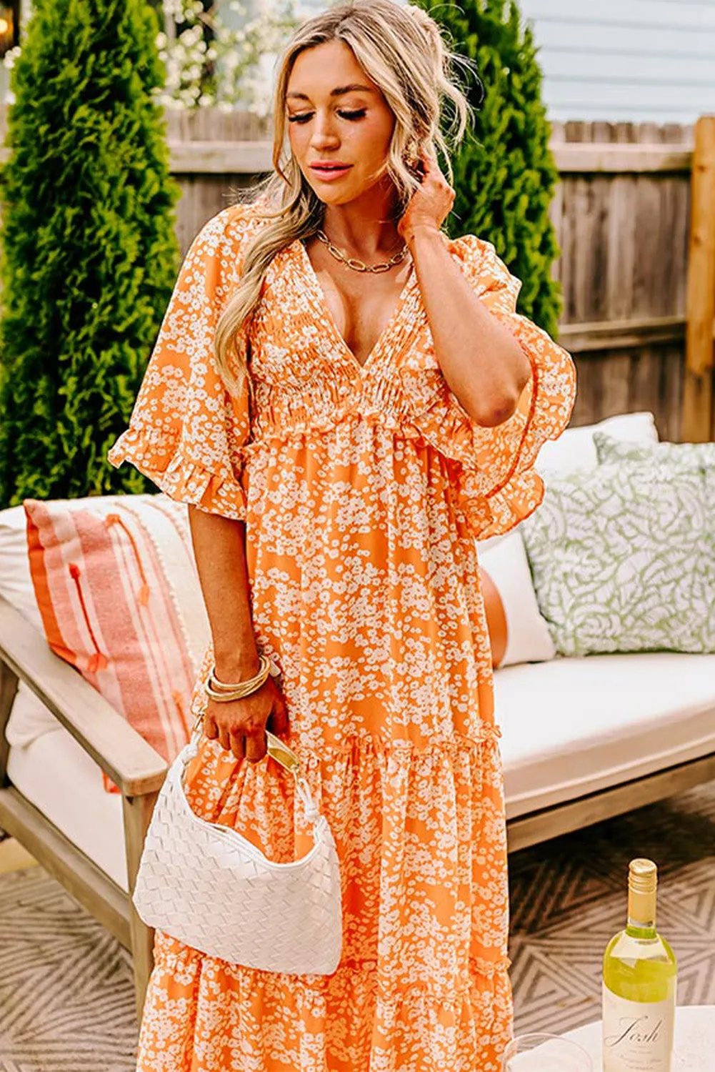 Orange Floral Print Smocked V Neck Wide Sleeve Maxi Dress sold by eAura product image thumbnail 5