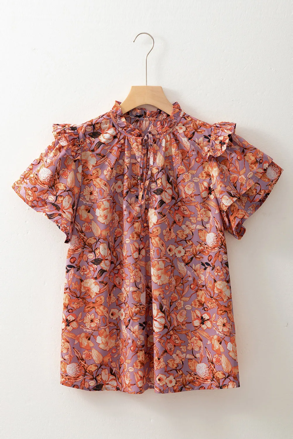 Orange Floral Print Ruffled Flutter Sleeve Frilled V Neck Blouse sold by eAura product image thumbnail 5