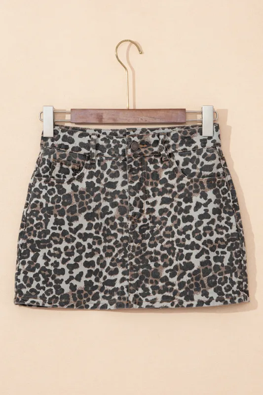 Khaki Leopard Denim Mini Skirt sold by eAura