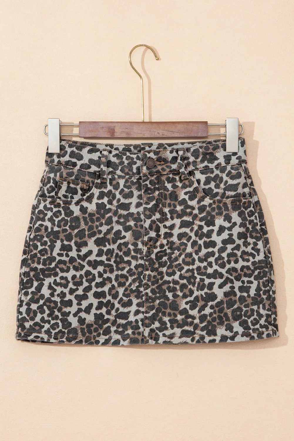 Khaki Leopard Denim Mini Skirt sold by eAura