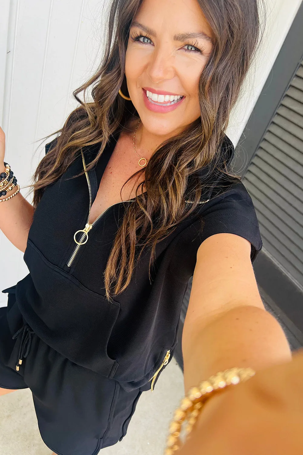 Black Textured Quarter Zip Kangaroo Pocket Top Drawstring Shorts Set sold by eAura product image thumbnail 2