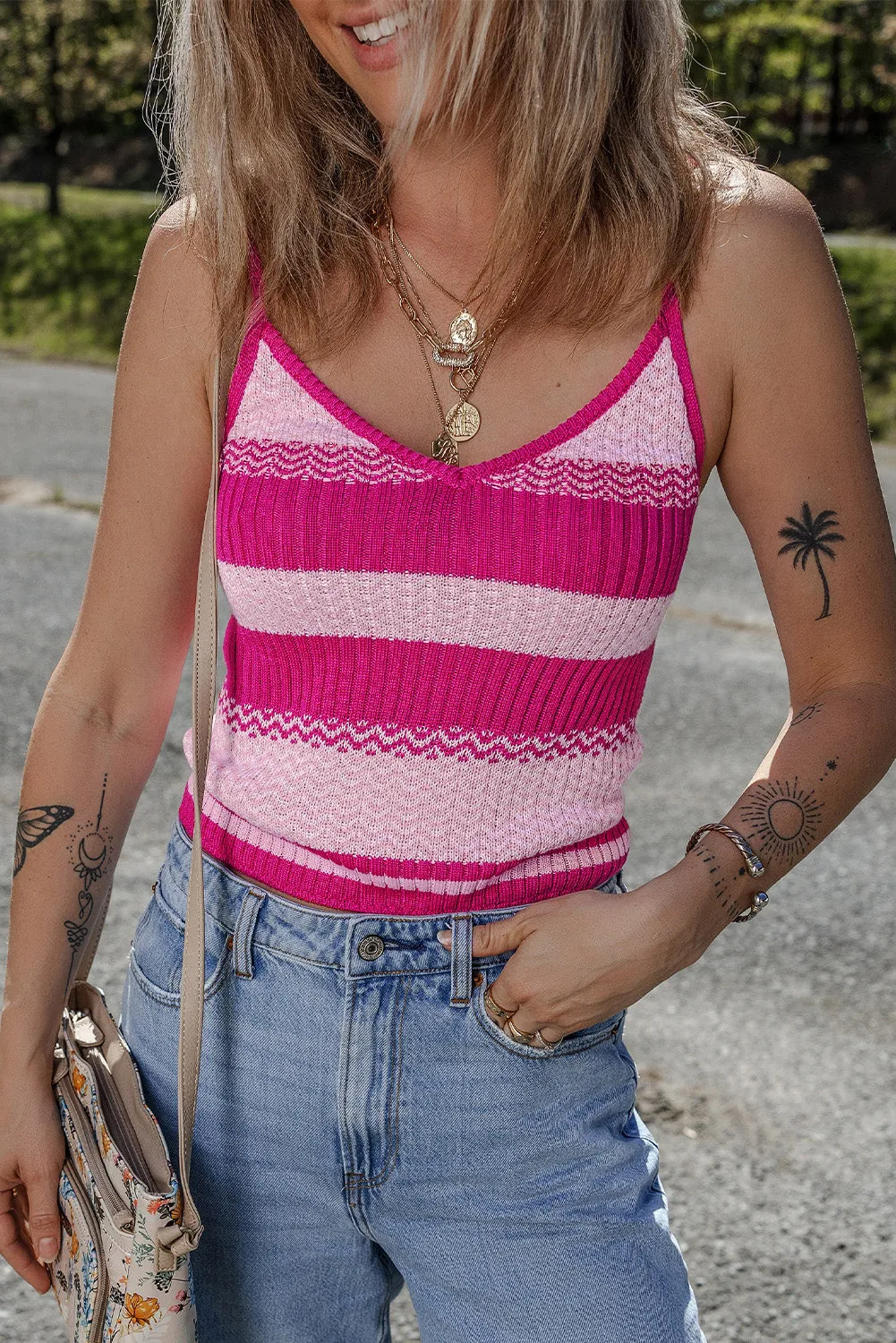 Red Stripe Spaghetti Strap V Neck Sweater Vest sold by eAura