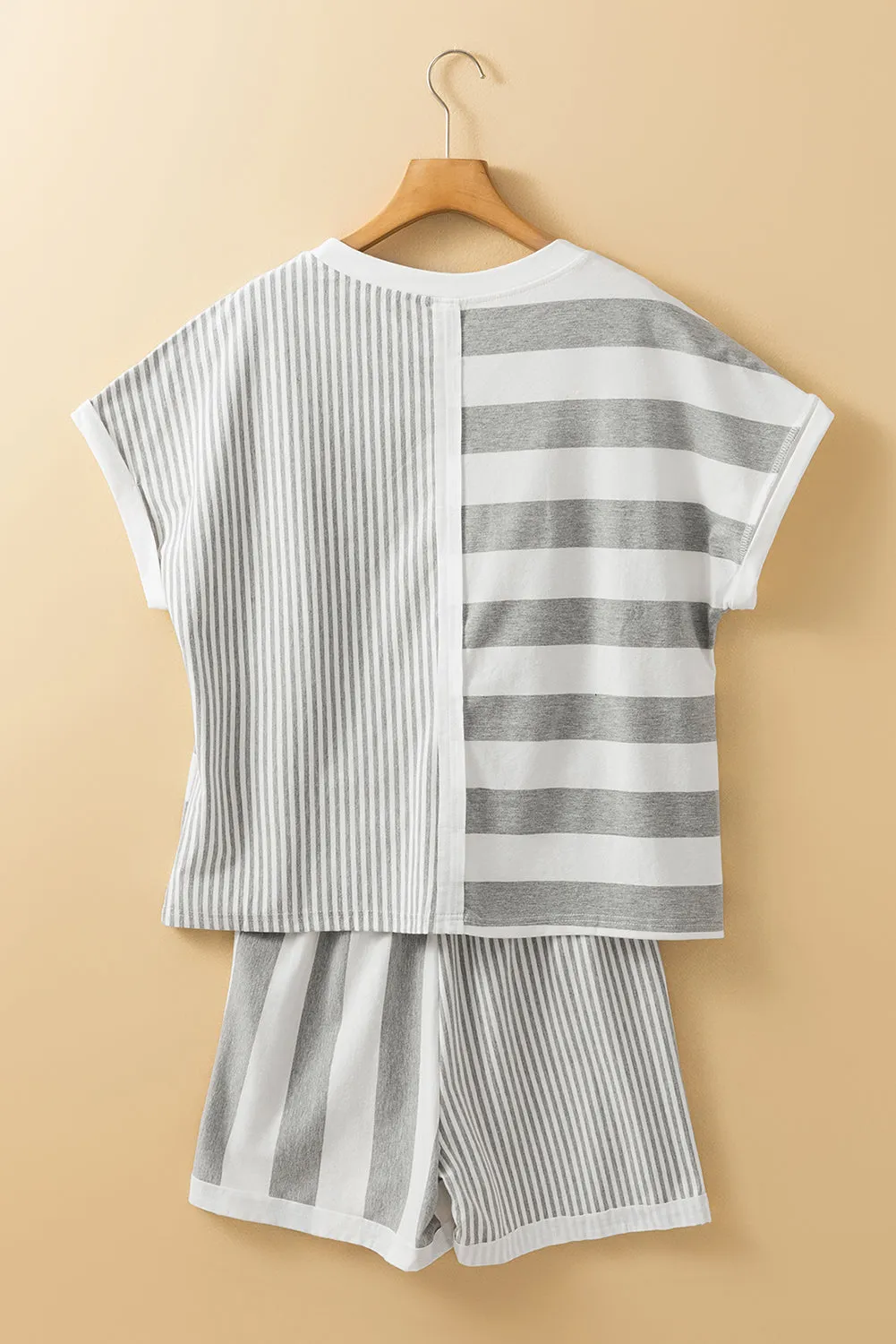 Grey Stripe Mixed Print Short Sleeve Top and Pocketed Shorts Set sold by eAura product image thumbnail 5