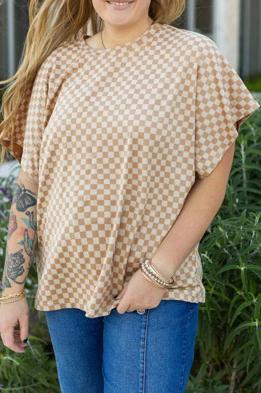 Khaki Checkerboard Short Batwing Sleeve Round Neck Plus Size T Shirt made by eAura