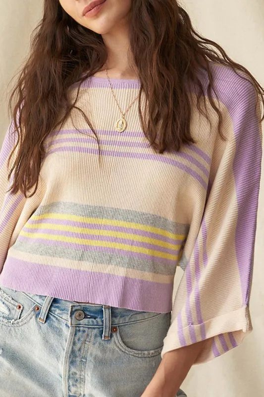 Purple Stripe Borderline Rib Knit Cuffed Dolman Sleeve Sweater sold by eAura