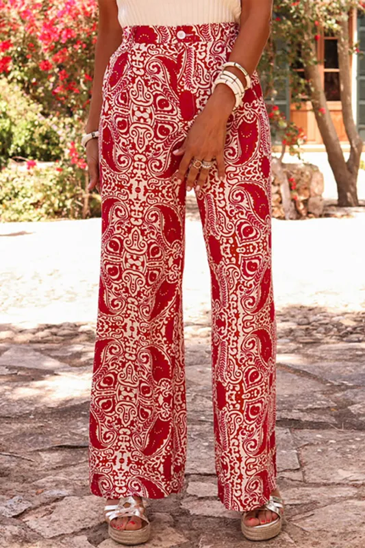 Red Paisley Printed Buttoned High Waist Straight Leg Trousers sold by eAura