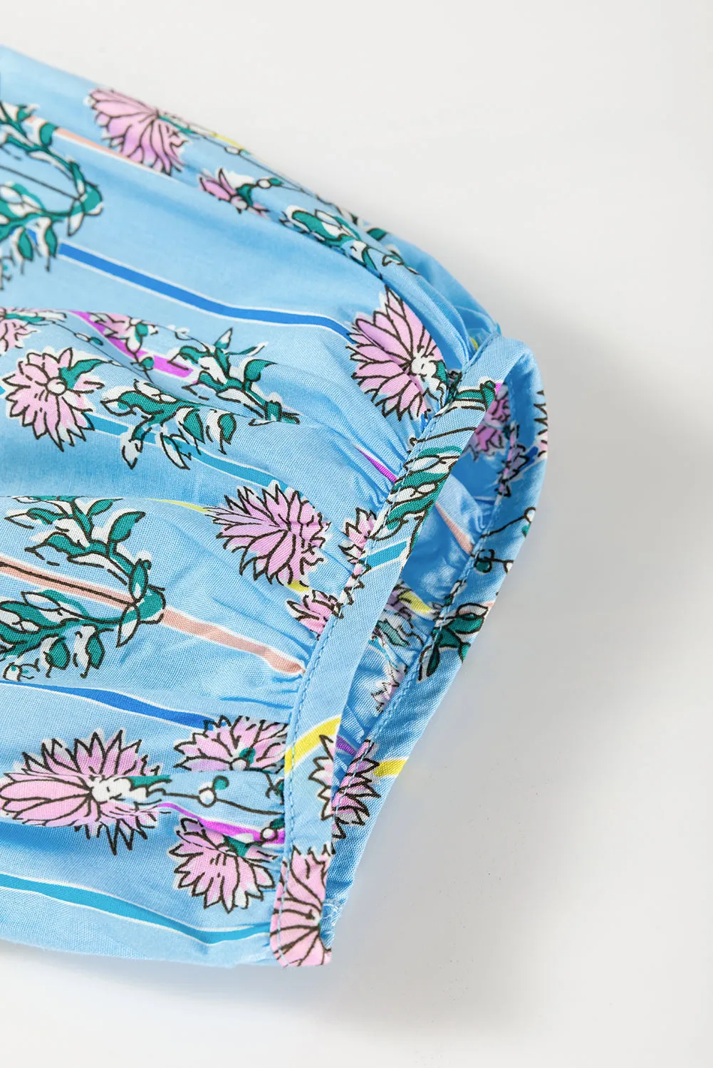 Sky Blue Floral Striped Print Tie Shirred Splie Neck Blouse sold by eAura product image thumbnail 4