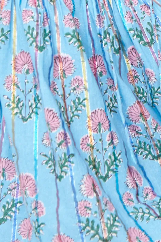 Sky Blue Floral Striped Print Tie Shirred Splie Neck Blouse sold by eAura