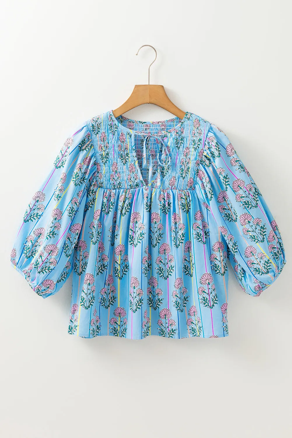 Sky Blue Floral Striped Print Tie Shirred Splie Neck Blouse sold by eAura product image thumbnail 2