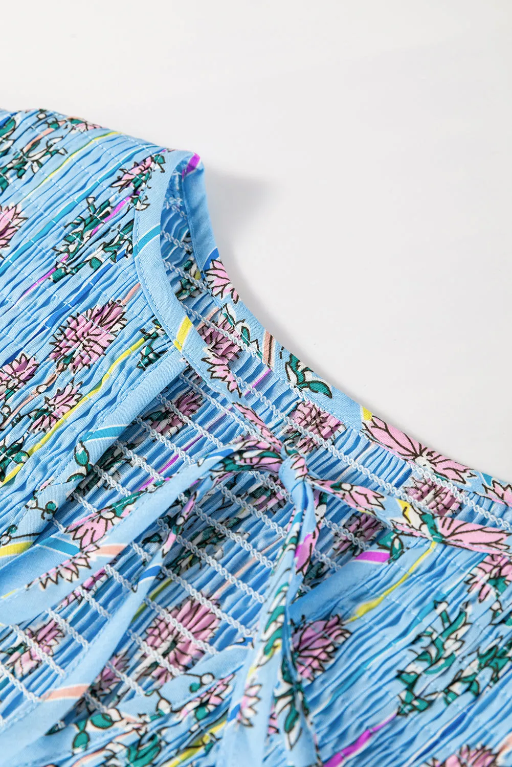 Sky Blue Floral Striped Print Tie Shirred Splie Neck Blouse sold by eAura product image thumbnail 5