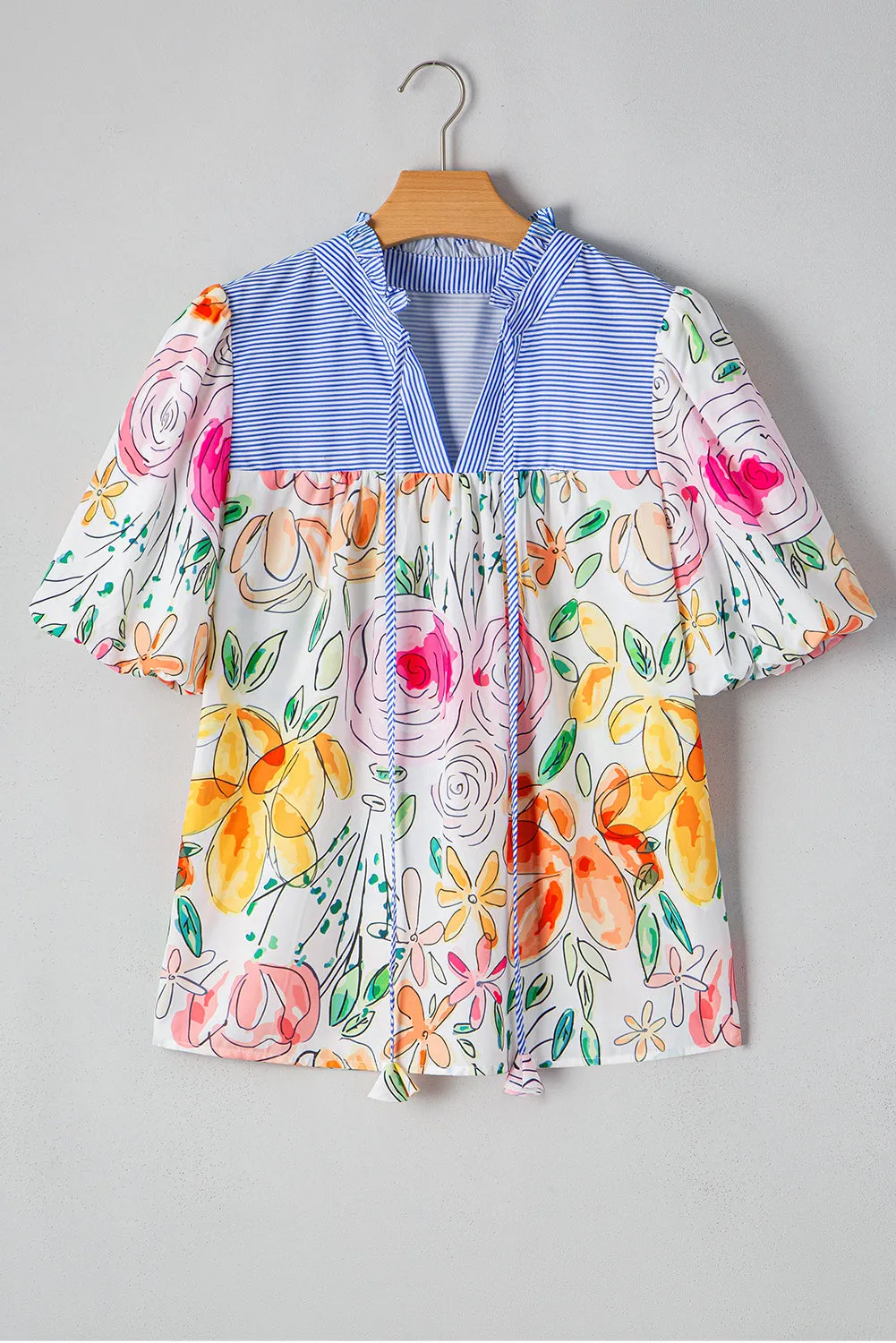 Multicolour Floral Print Striped Yoke Frilled V Neck Puff Short Sleeve Blouse sold by eAura product image thumbnail 4
