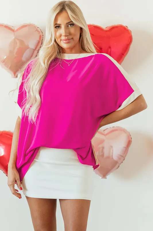 Rose Red Oversized Colour Block Boat Neck Tunic Blouse sold by eAura