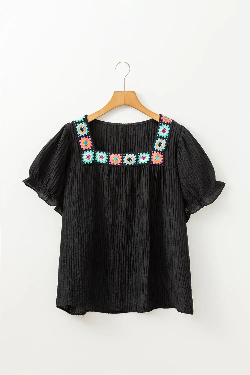 Black Floral Crochet Square Neck Ruffled Short Sleeve Flowy Plus Size Top sold by eAura product image thumbnail 3