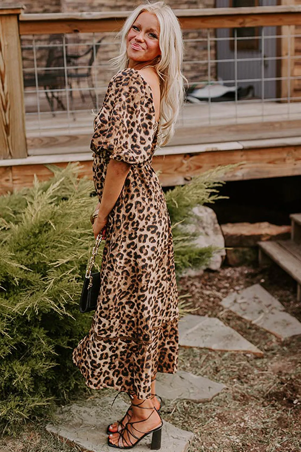 Brown Leopard Print Bubble Sleeve Square Neck Maxi Dress sold by eAura product image thumbnail 3