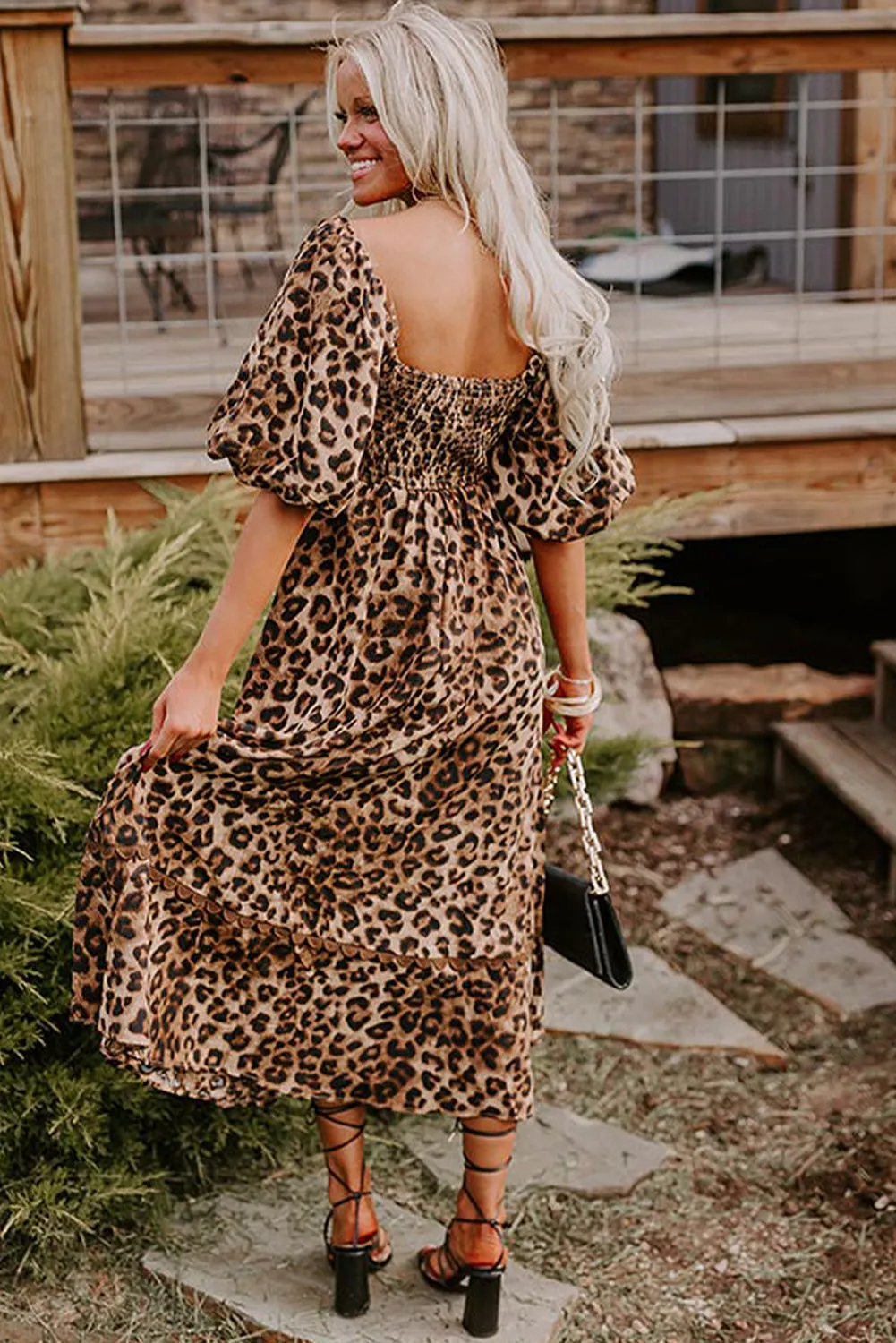 Brown Leopard Print Bubble Sleeve Square Neck Maxi Dress sold by eAura product image thumbnail 2