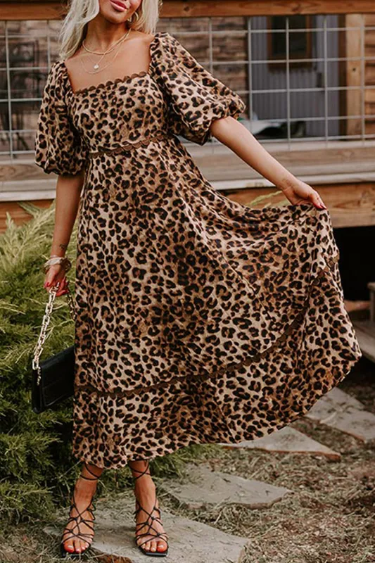 Brown Leopard Print Bubble Sleeve Square Neck Maxi Dress sold by eAura