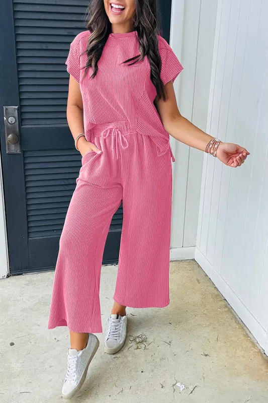 Bright Pink Solid Ribbed Knit Short Sleeve T Shirt and Wide Leg Trousers Set sold by eAura