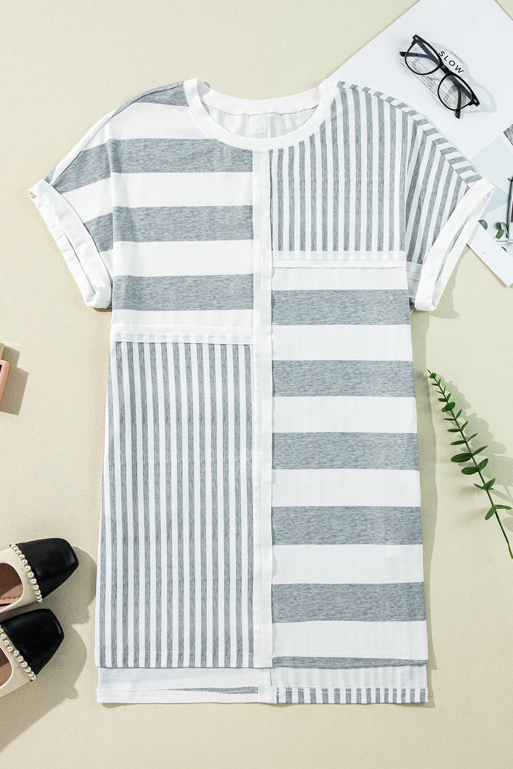 Grey Stripe Mixed Printed Short Sleeve Shift Mini T Shirt Dress sold by eAura product image thumbnail 4