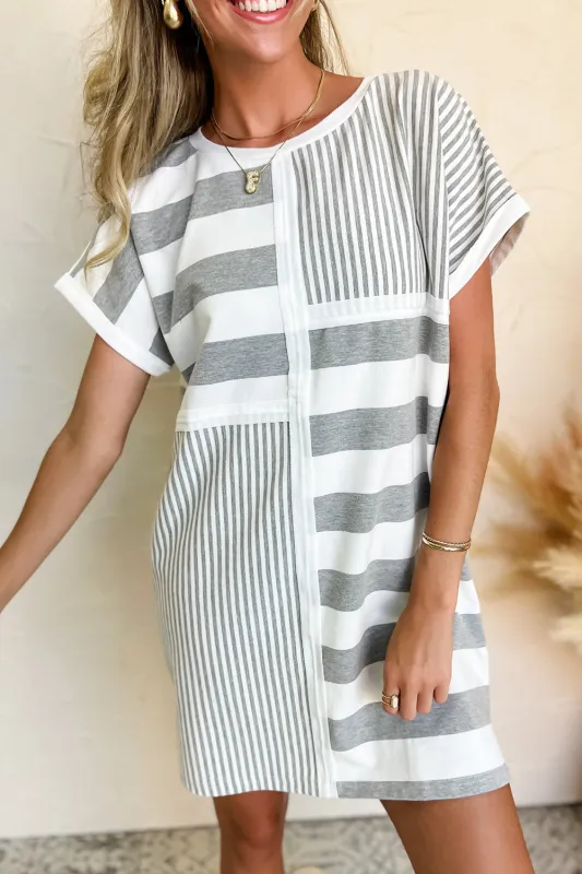 Grey Stripe Mixed Printed Short Sleeve Shift Mini T Shirt Dress sold by eAura