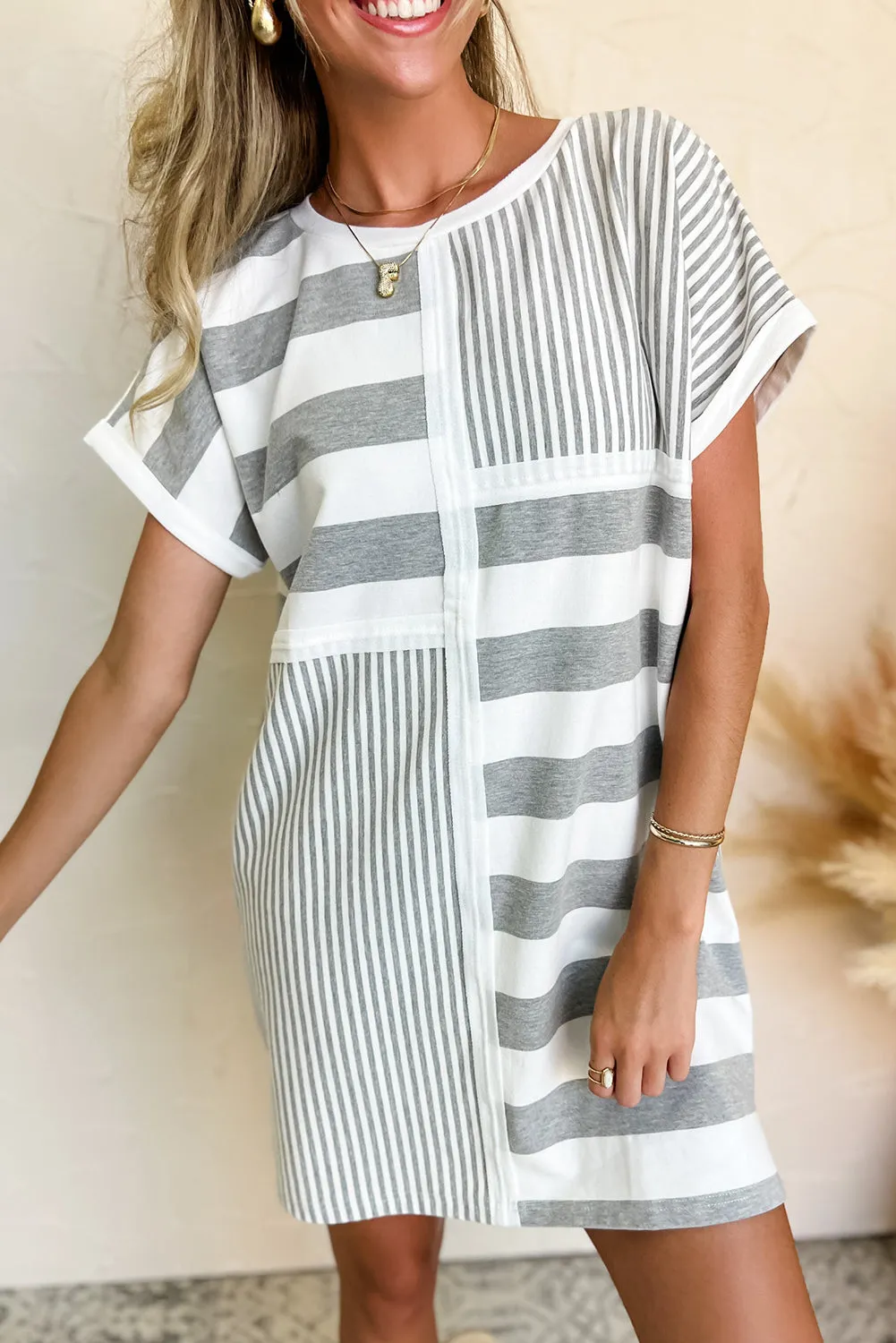 Grey Stripe Mixed Printed Short Sleeve Shift Mini T Shirt Dress sold by eAura