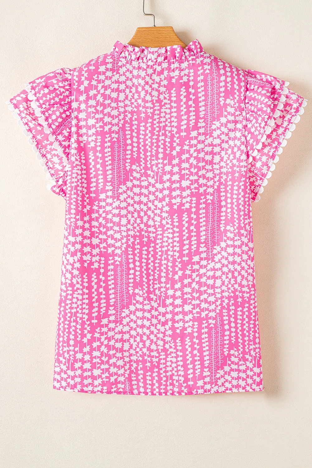 Pink Abstract Print Ric Rac Trim Flutter Sleeve Notch V Neck Blouse sold by eAura product image thumbnail 5