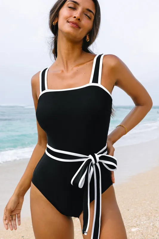 Black Colourblock Edge Belted One Piece Swimsuit sold by eAura