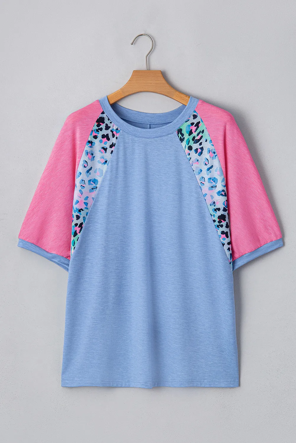 Sky Blue Leopard Print Patch Colourblock Plus Size T Shirt sold by eAura