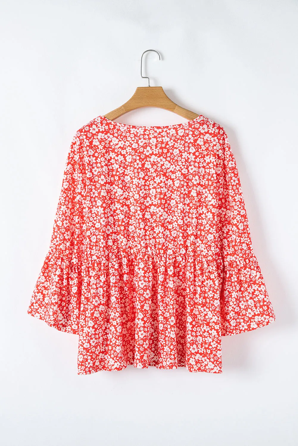 Red Plus Size Floral V Neck Flared Bracelet Sleeve Blouse sold by eAura product image thumbnail 2