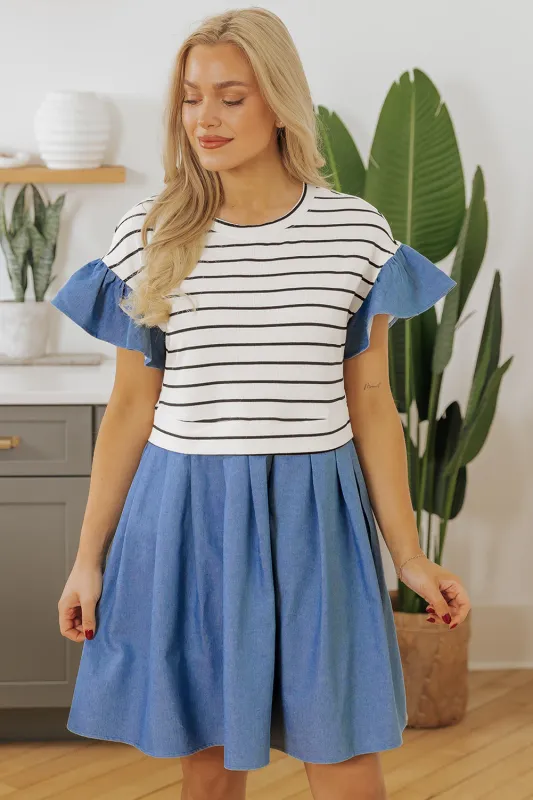 Black Stripe Ruffle Denim Patchwork Round Neck Mini Dress sold by eAura