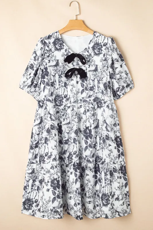 Black Floral Print Bow Detail Puff Sleeve Plus Size Midi Dress sold by eAura