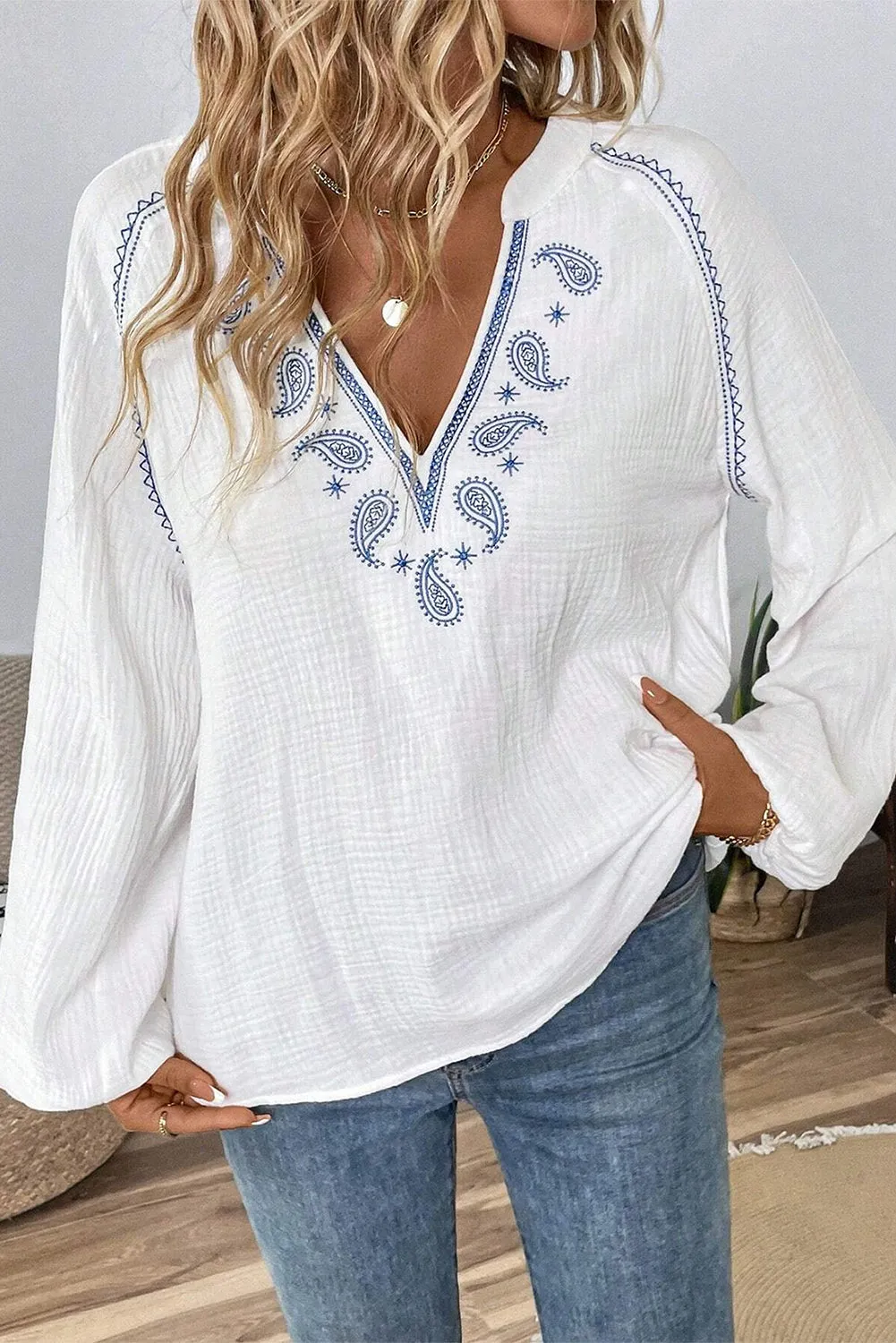 White Paisley Embroidered Textured Split Neck Long Puff Sleeve Blouse sold by eAura product image thumbnail 2