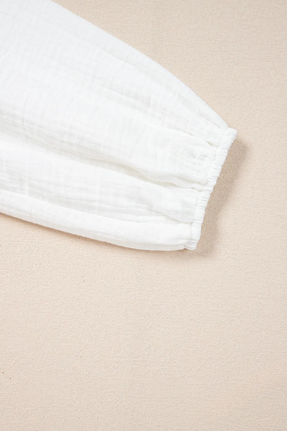 White Paisley Embroidered Textured Split Neck Long Puff Sleeve Blouse sold by eAura product image thumbnail 5