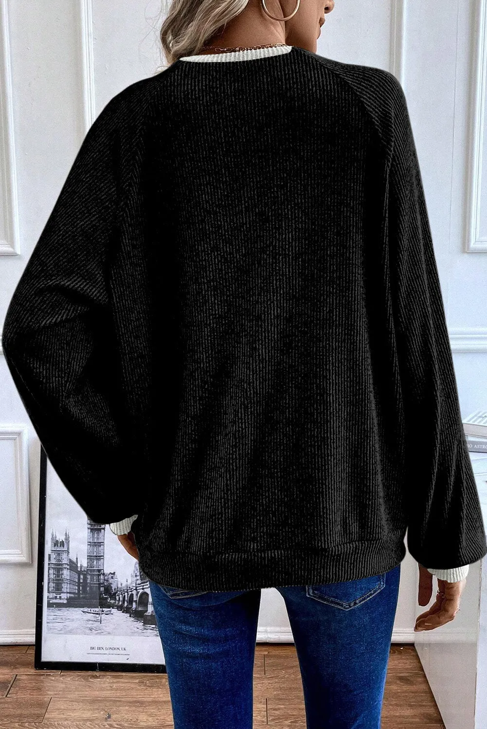 Black Colour Contrast Ribbed Loose Fit Long Sleeve Top sold by eAura product image thumbnail 2