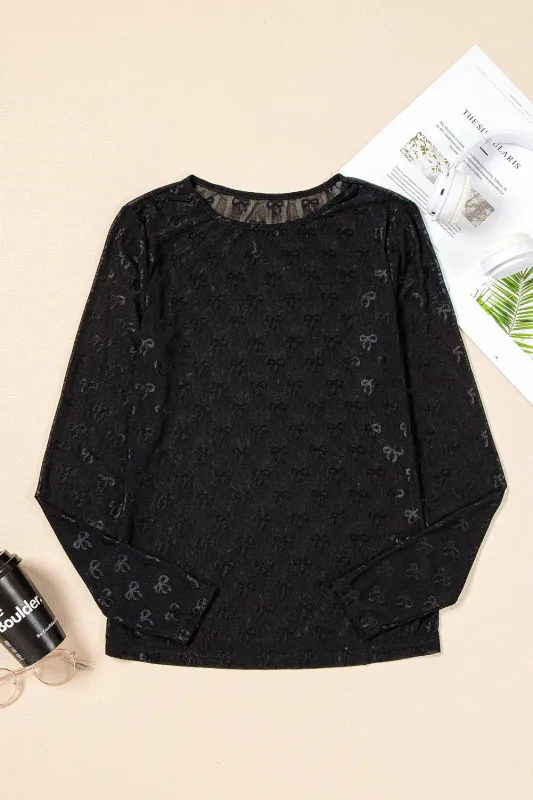 Black Mesh Bow Pattern Long Sleeve Top sold by eAura
