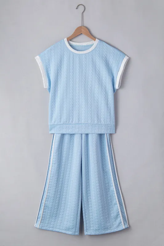 Beau Blue Textured Colourblock Edge Tank Top High Waist Trousers Set sold by eAura