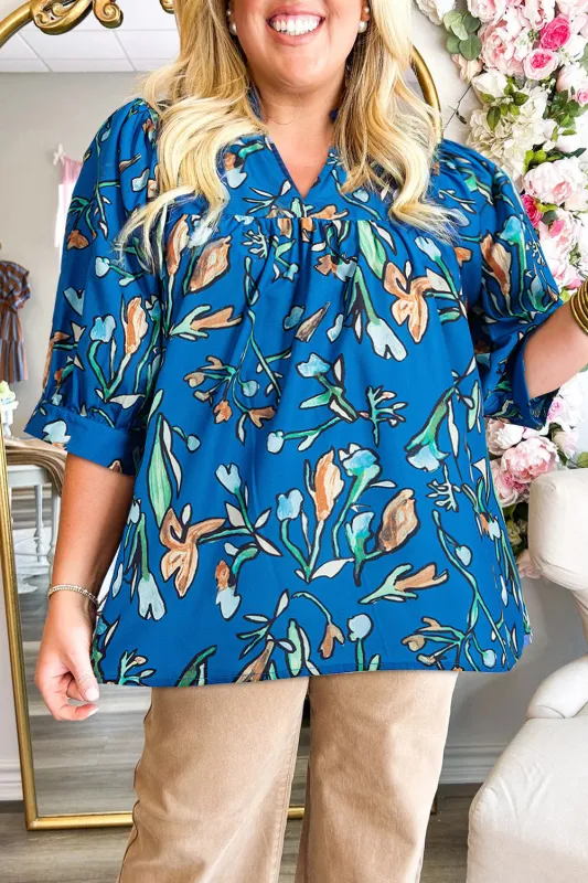 Blue Floral Notched V Neck Half Sleeve Plus Size Blouse sold by eAura
