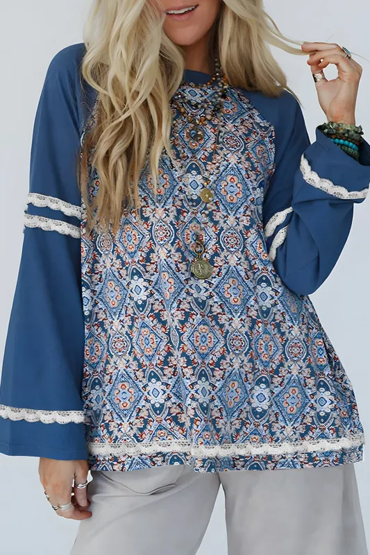 Blue Geometric Printed Lace Patchwork Ric Rac Raglan Long Sleeve Top sold by eAura