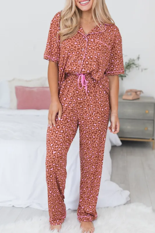 Brown Leopard Print Short Sleeve Shirt and Trousers Pyjamas Set sold by eAura