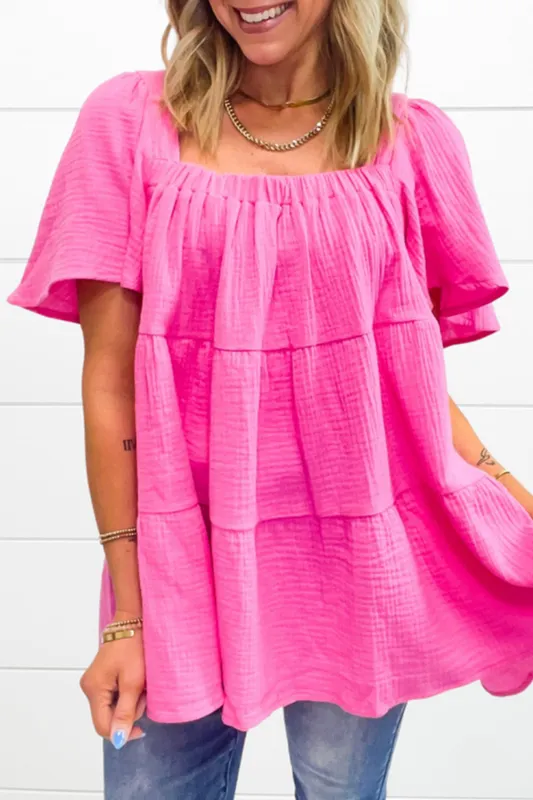 Bright Pink Textured Square Neck Flutter Sleeve Tiered Flowy Blouse sold by eAura