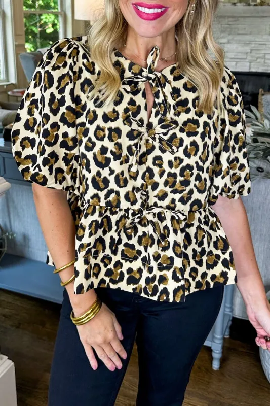 Apricot Leopard Bubble Sleeve Bow Tie Front Peplum Blouse sold by eAura