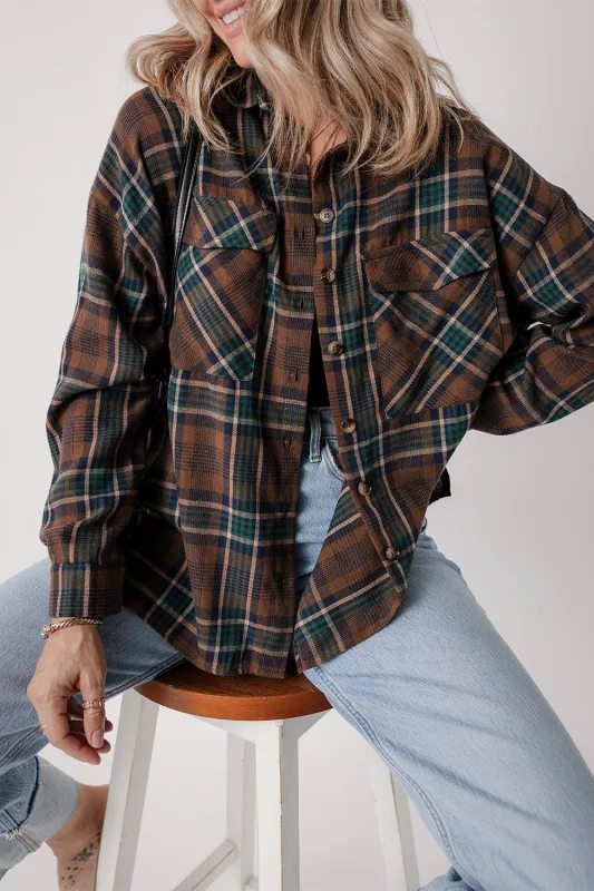 Brown Plaid Print Chest Pockets Buttoned Shirt Jacket sold by eAura