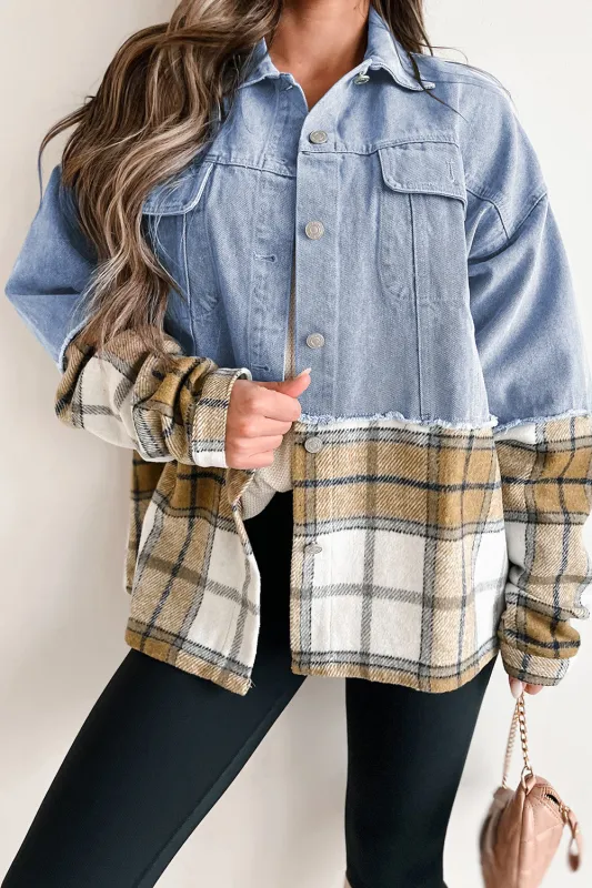 Khaki Plaid Patchwork Buttoned Oversized Denim Jacket sold by eAura