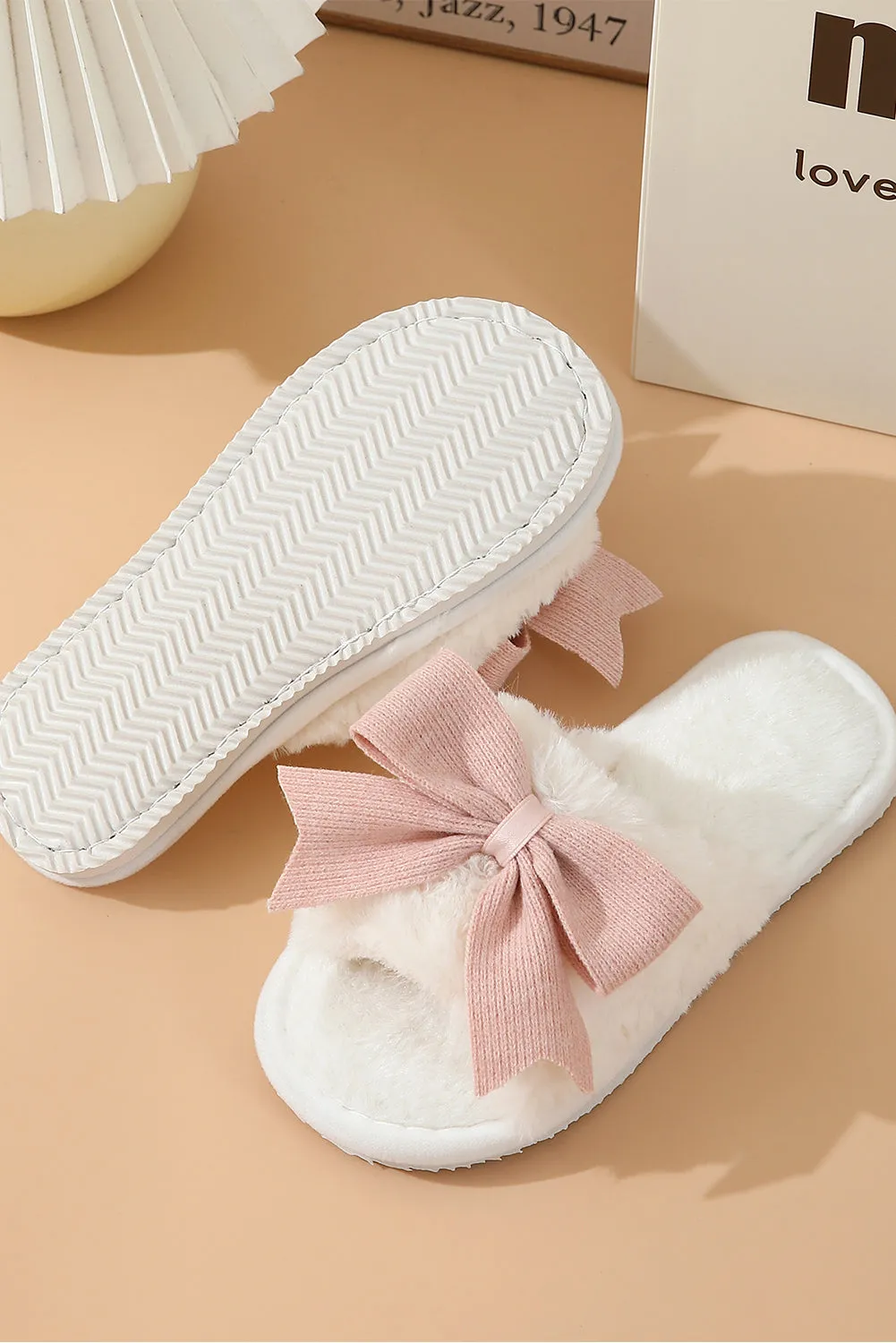 White Bow Knot Decor Open Toe Plush Slippers sold by eAura product image thumbnail 2