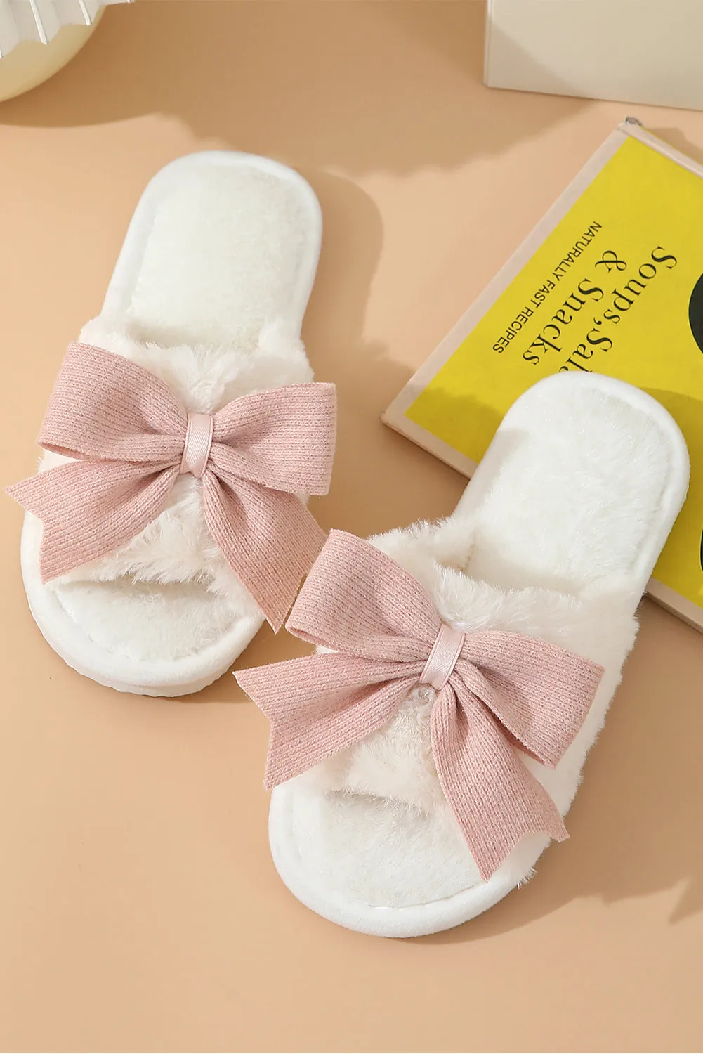 White Bow Knot Decor Open Toe Plush Slippers sold by eAura product image thumbnail 3